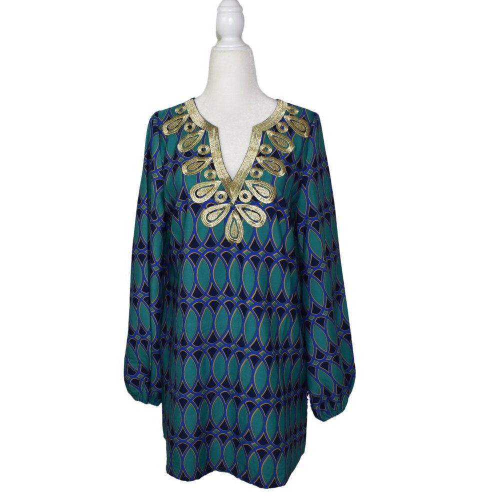 Mud Pie Embroidered Tunic Flare Sleeve Top Cover Up Teal‎ Womens S Beach Coastal